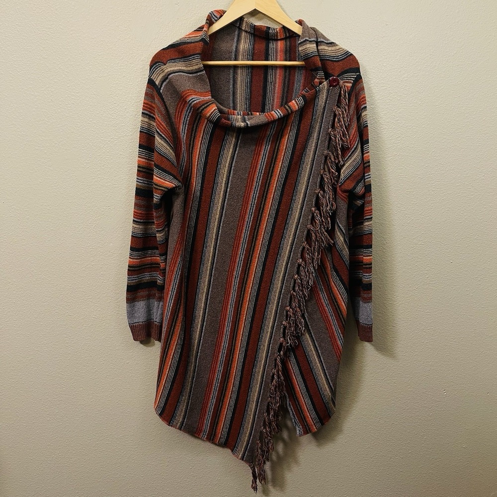 Asymmetrical Wrap Cardigan Stripe Brown Orange Tassels Boho Hippie Festival Sz L